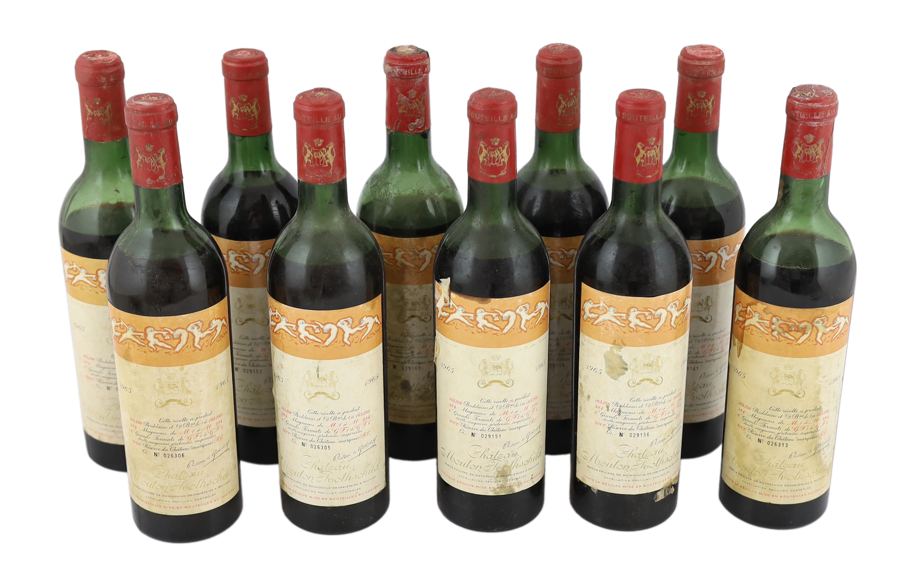 Ten bottles of Chateau Mouton Rothschild, 1965